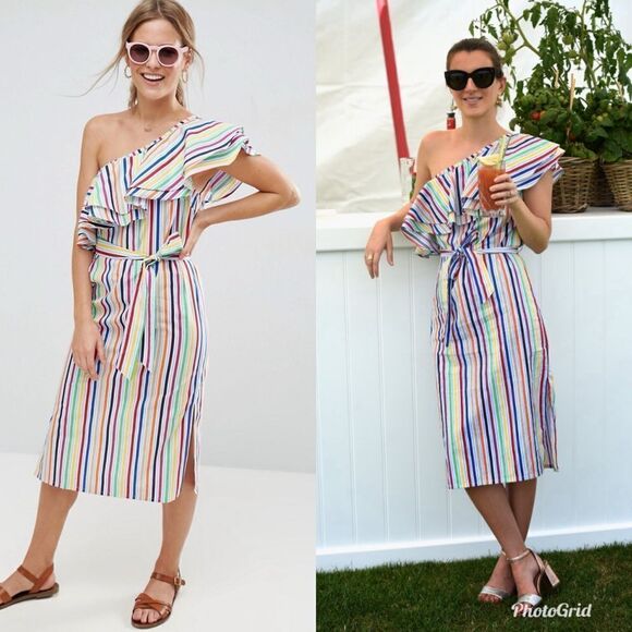 ASOS Rainbow One Shoulder Ruffle Midi Dress with Split in Bright Stripe - Picture 3 of 9